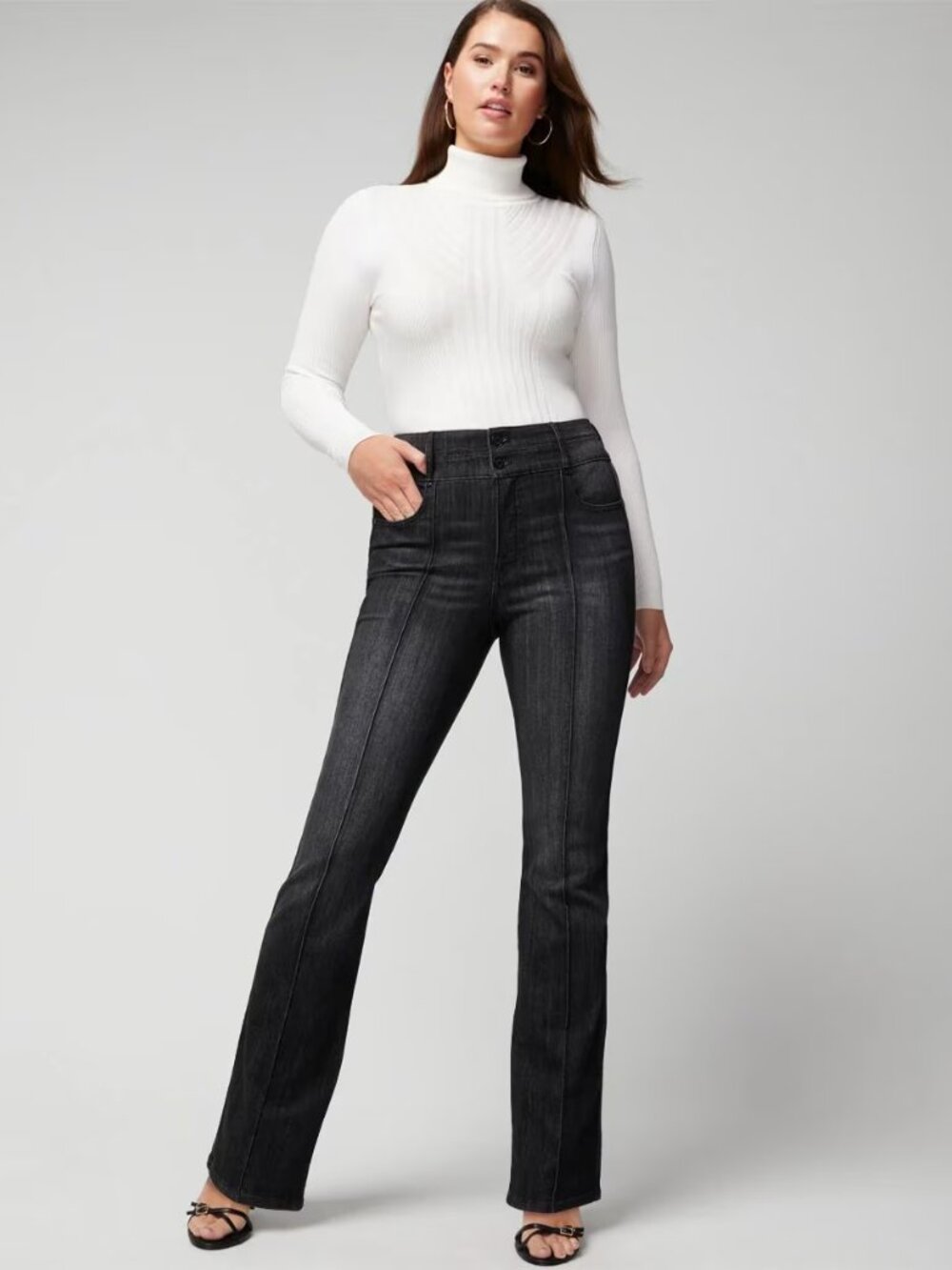 WHBM Extra High-Rise Skinny Flair Black Flare Jeans with Subtle Fading 14